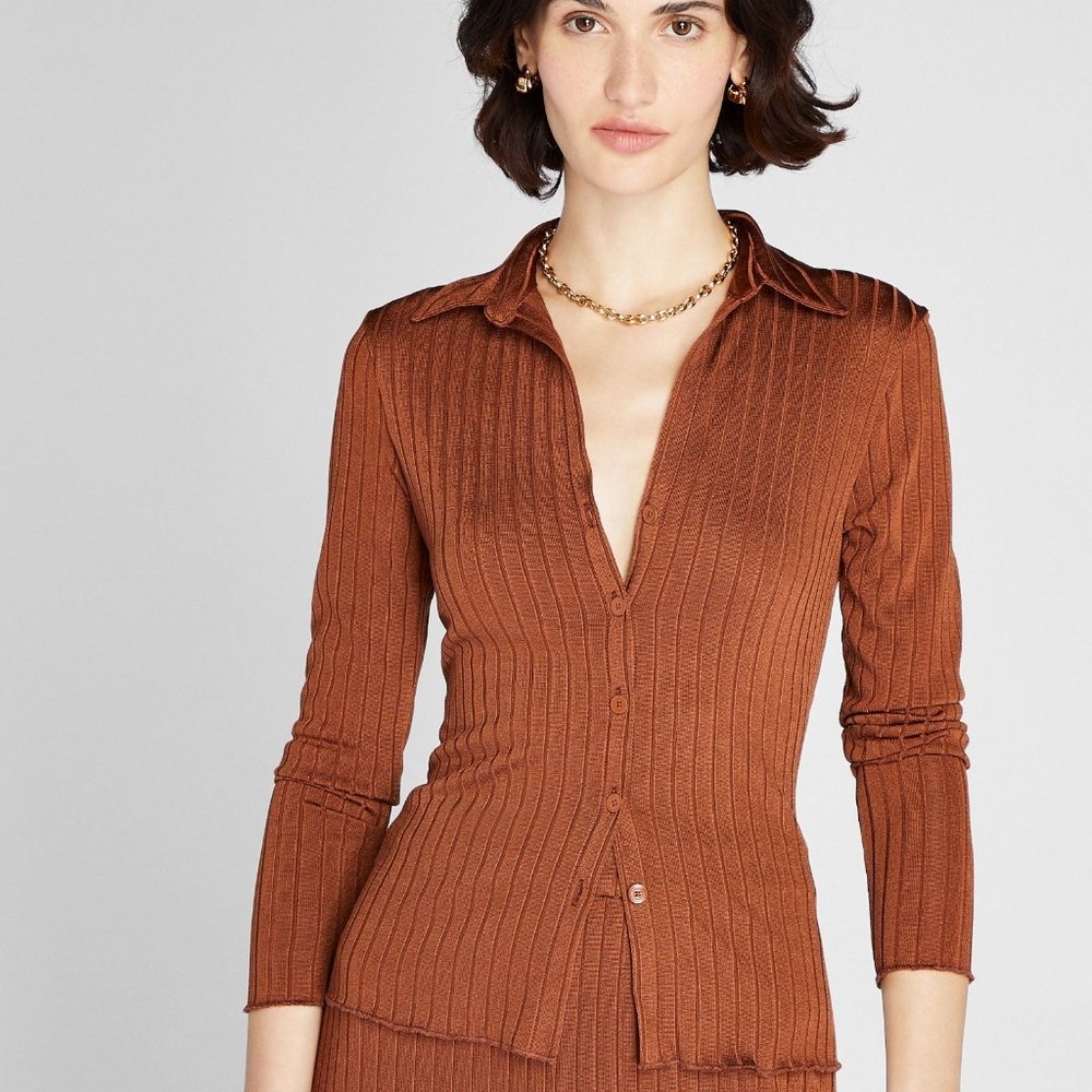 Club Monaco Ribbed Button-Down Shirt in Rust Brown